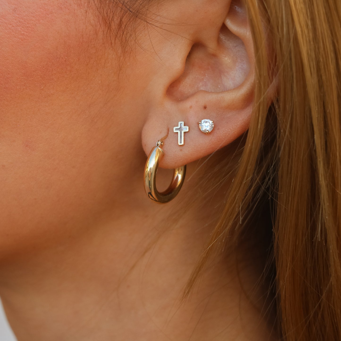 14k Solid Gold Mother of Pearl Cross Stud Earrings