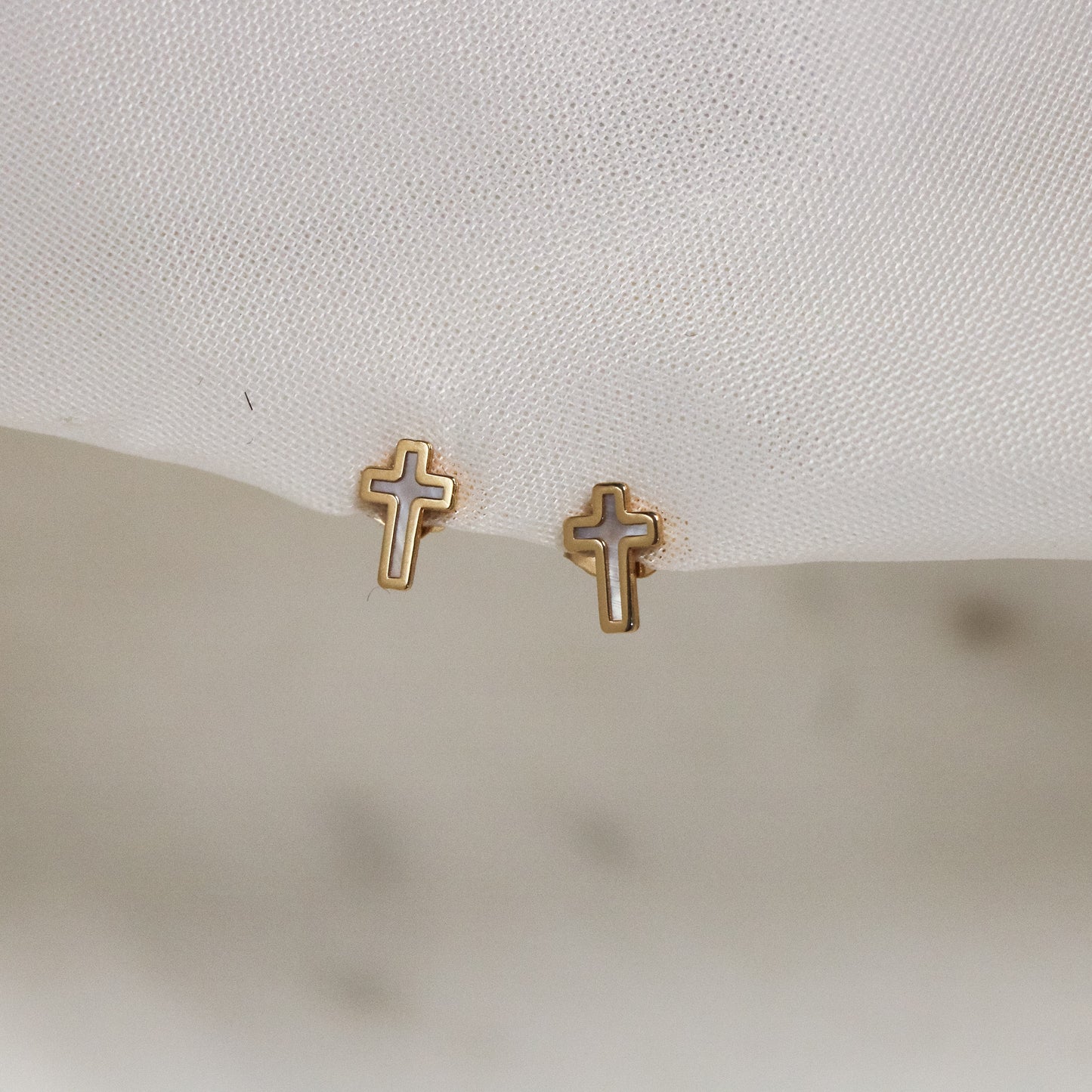 14k Solid Gold Mother of Pearl Cross Stud Earrings