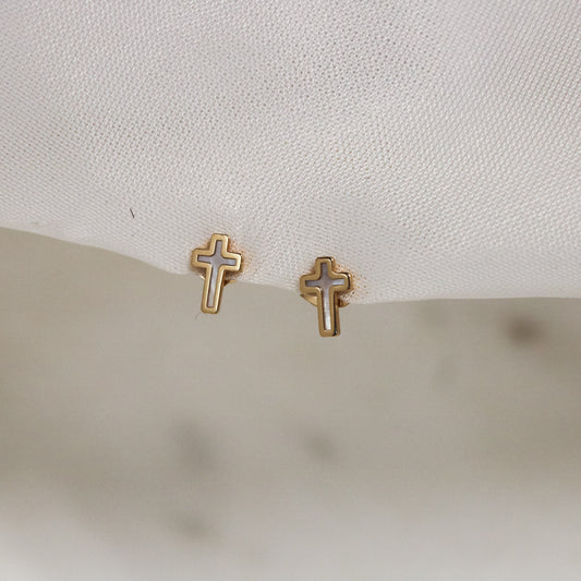 14k Solid Gold Mother of Pearl Cross Stud Earrings