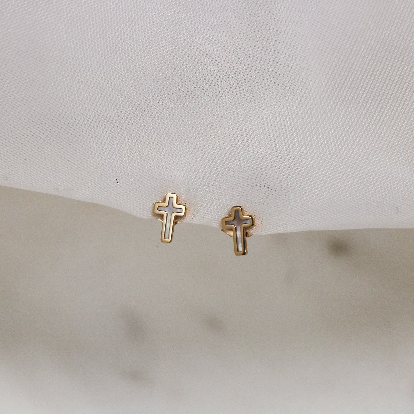 14k Solid Gold Mother of Pearl Cross Stud Earrings